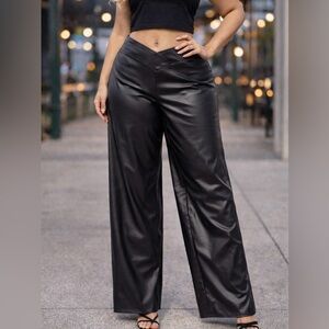 Apperloth A V-Front Faux Leather Wide Leg Pants XXL Black PU Coated